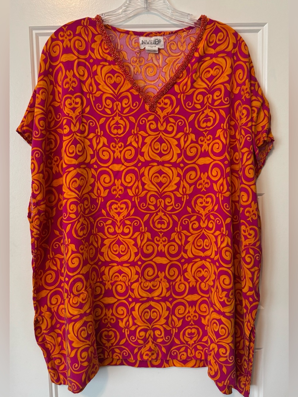 NVELOP Sun UV Protection Kaftan Cover Up S/M Pink Orange Beaded V Neck Resort